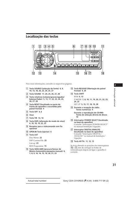 Sony CDX-C910RDS - CDX-C910RDS Istruzioni per l'uso Portoghese