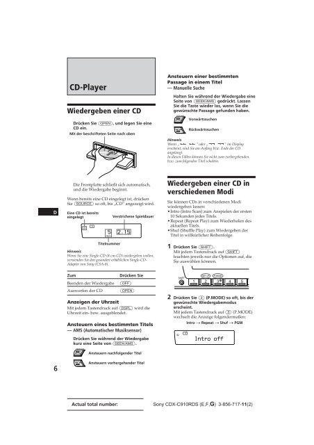 Sony CDX-C910RDS - CDX-C910RDS Istruzioni per l'uso Tedesco