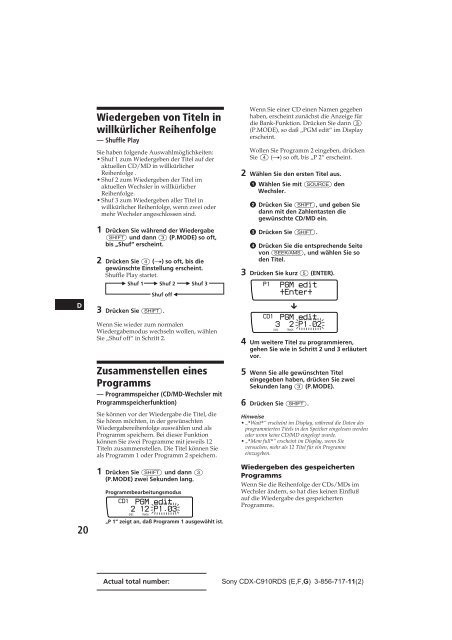 Sony CDX-C910RDS - CDX-C910RDS Istruzioni per l'uso Tedesco