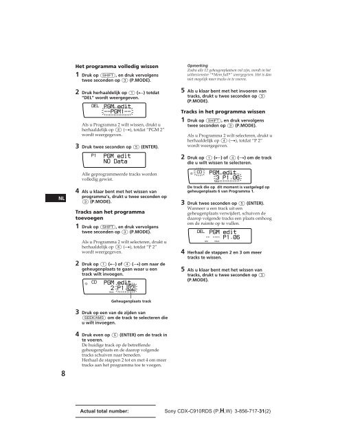 Sony CDX-C910RDS - CDX-C910RDS Istruzioni per l'uso Olandese