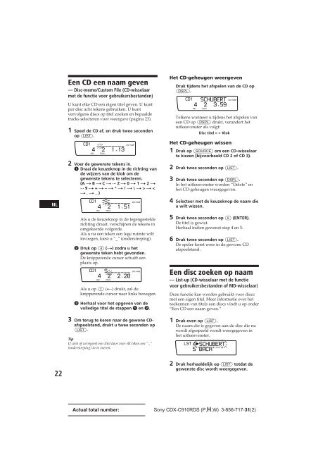 Sony CDX-C910RDS - CDX-C910RDS Istruzioni per l'uso Olandese