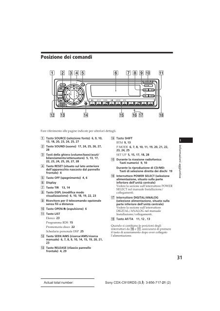 Sony CDX-C910RDS - CDX-C910RDS Istruzioni per l'uso Italiano