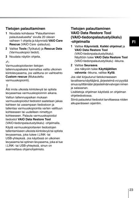 Sony VPCX13F7E - VPCX13F7E Guida alla risoluzione dei problemi Finlandese