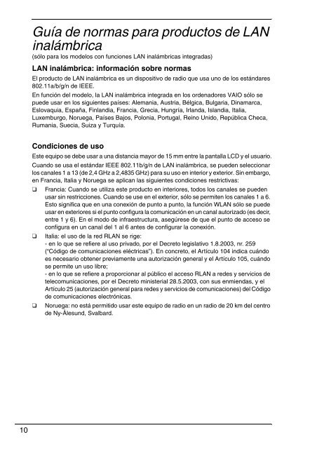 Sony VPCX13F7E - VPCX13F7E Documenti garanzia Spagnolo
