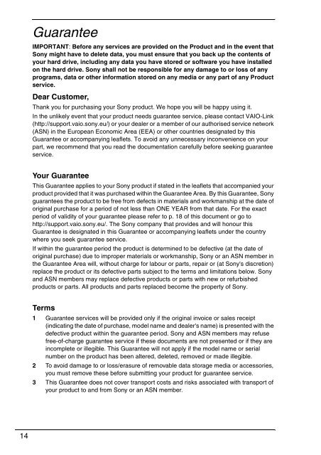 Sony VPCX13F7E - VPCX13F7E Documenti garanzia Inglese