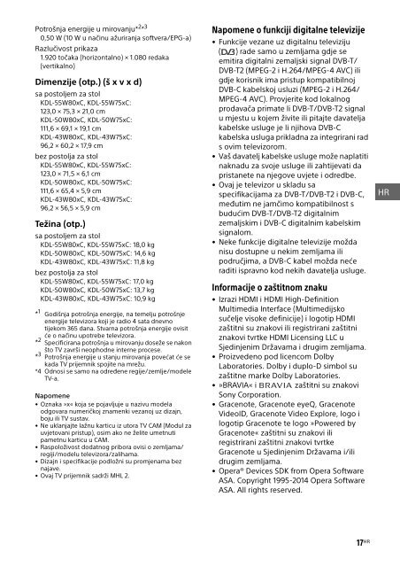 Sony KDL-50W755C - KDL-50W755C Mode d'emploi Croate