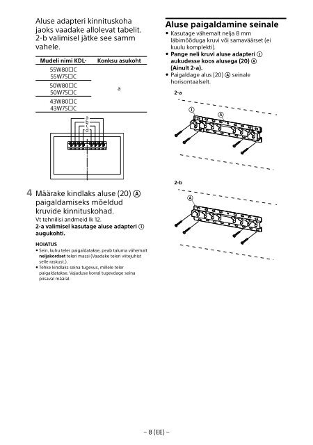 Sony KDL-50W755C - KDL-50W755C Informations d'installation du support de fixation murale