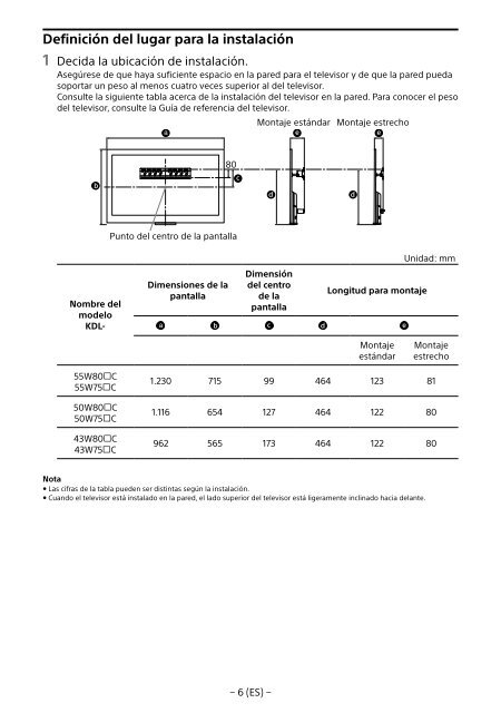 Sony KDL-50W755C - KDL-50W755C Informations d'installation du support de fixation murale