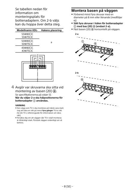 Sony KDL-50W755C - KDL-50W755C Informations d'installation du support de fixation murale