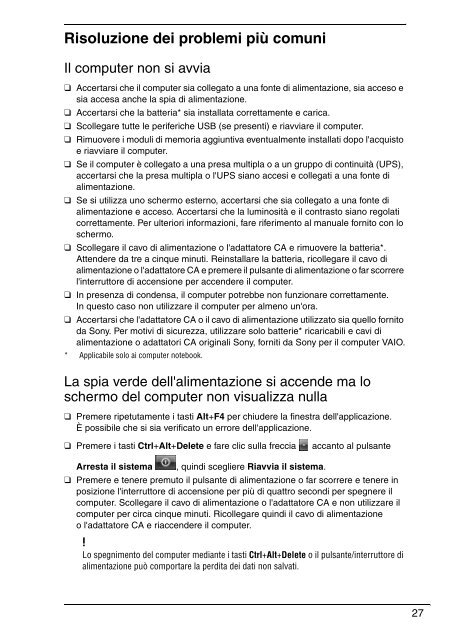 Sony VPCCW2C5E - VPCCW2C5E Guide de d&eacute;pannage Italien