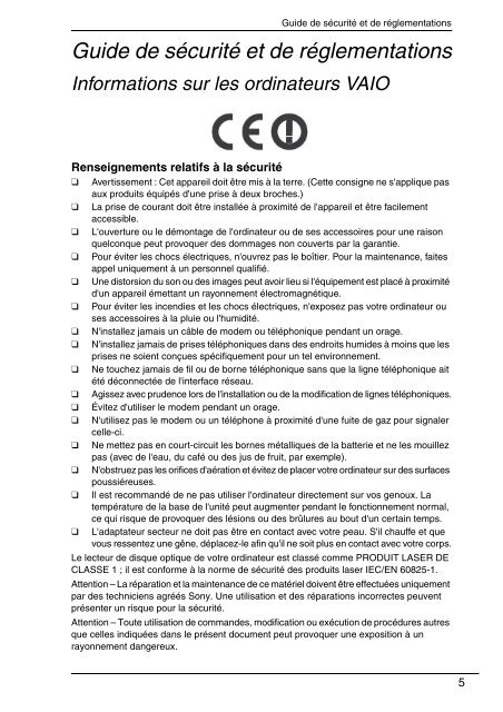 Sony VPCCW2C5E - VPCCW2C5E Documents de garantie Fran&ccedil;ais