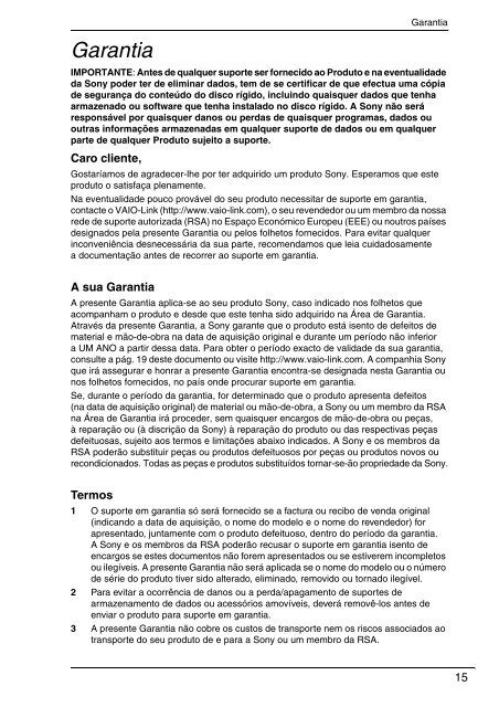 Sony VPCCW2C5E - VPCCW2C5E Documents de garantie Portugais