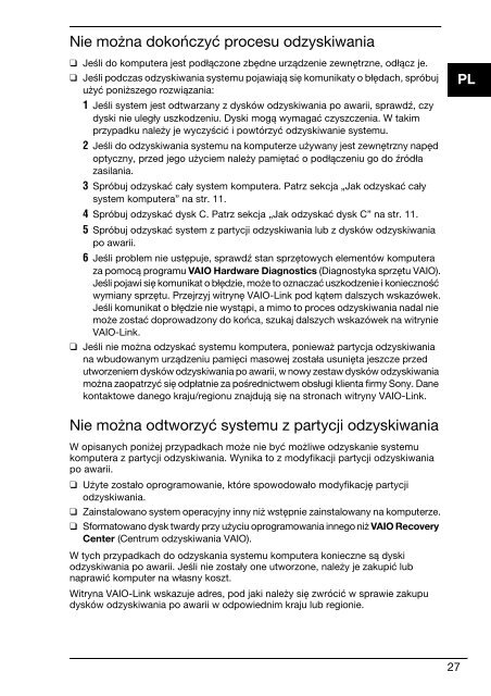 Sony VPCCW2C5E - VPCCW2C5E Guide de d&eacute;pannage Polonais