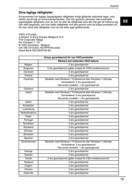 Sony VPCCW2C5E - VPCCW2C5E Documents de garantie Finlandais