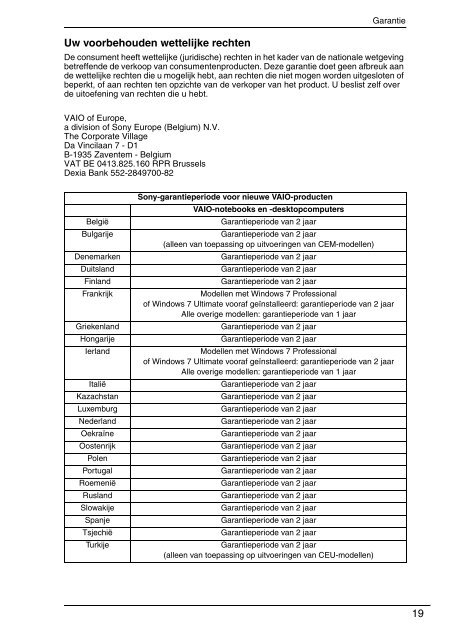 Sony VPCCW2C5E - VPCCW2C5E Documents de garantie N&eacute;erlandais