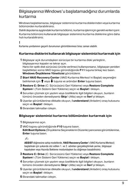 Sony VPCCW2C5E - VPCCW2C5E Guide de d&eacute;pannage Turc