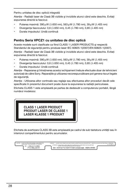 Sony VPCEC1A4E - VPCEC1A4E Documenti garanzia Rumeno