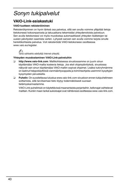 Sony VPCEC1A4E - VPCEC1A4E Documenti garanzia Finlandese