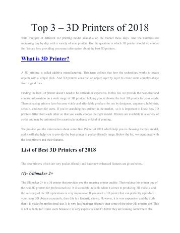 Top 3 – 3D Printers of 2018