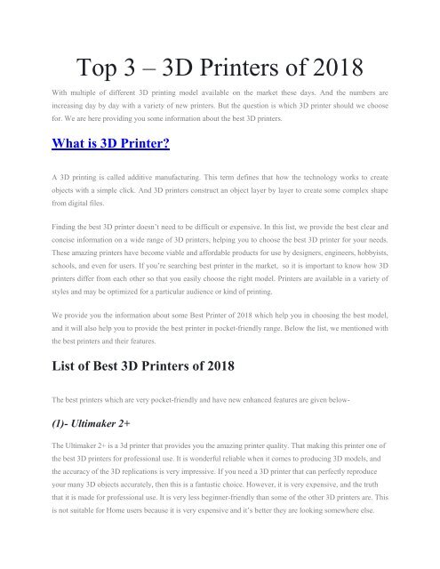 Top 3 – 3D Printers of 2018