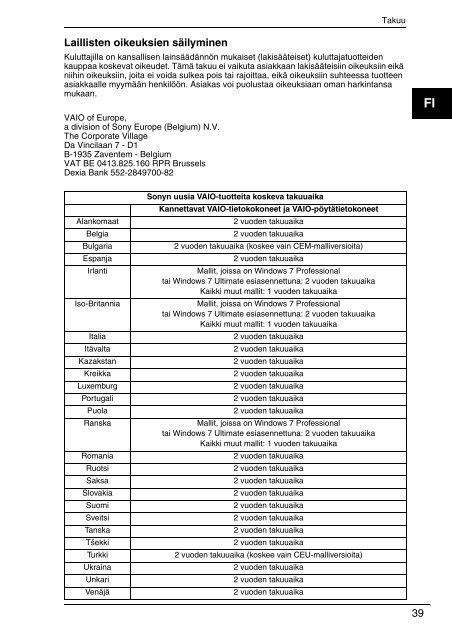 Sony VPCEC1A4E - VPCEC1A4E Documenti garanzia Danese