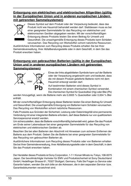 Sony VPCEC1A4E - VPCEC1A4E Documenti garanzia Tedesco