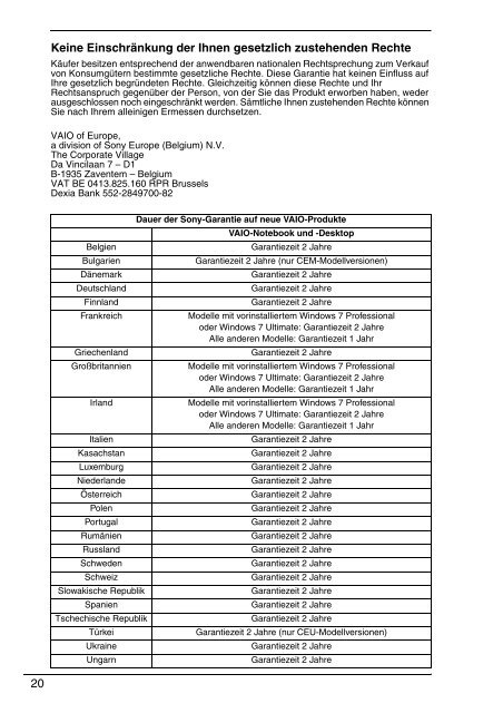 Sony VPCEC1A4E - VPCEC1A4E Documenti garanzia Tedesco