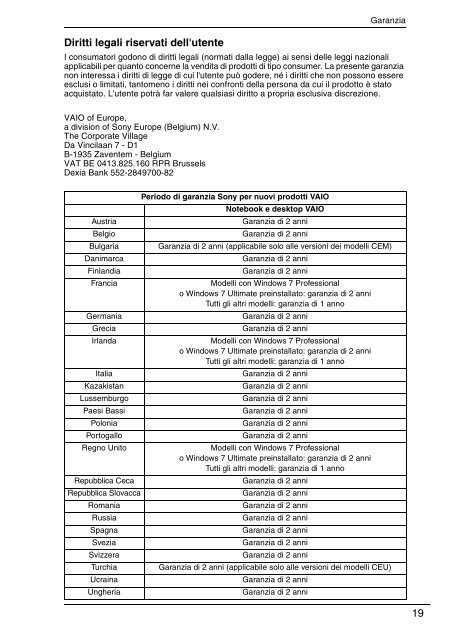 Sony VPCEC1A4E - VPCEC1A4E Documenti garanzia