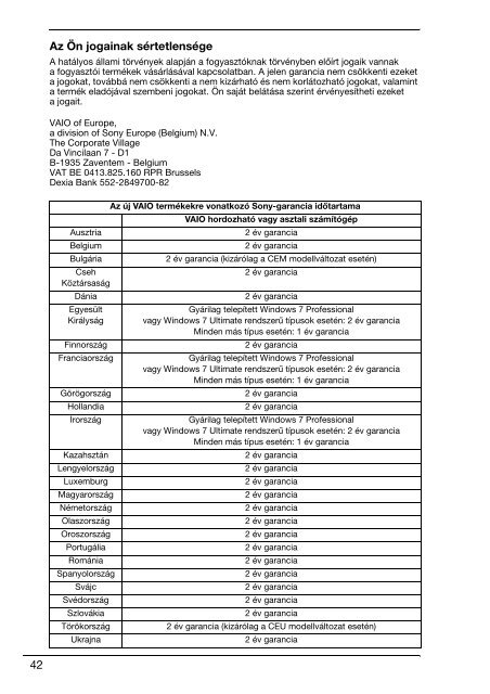 Sony VPCEC1A4E - VPCEC1A4E Documenti garanzia Ungherese