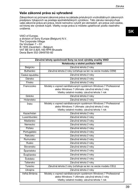 Sony VPCEC1A4E - VPCEC1A4E Documenti garanzia Slovacco