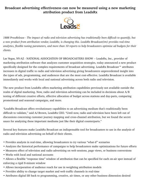 Broadcast advertising effectiveness can now be measured using a new marketing attribution product from LeadsRx