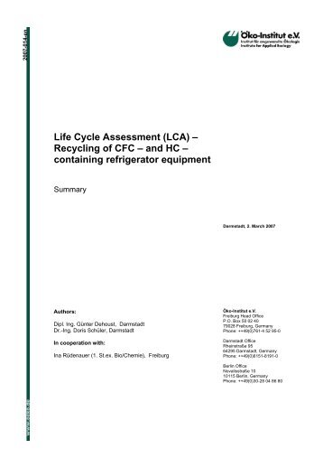 Life Cycle Assessment (LCA) – Recycling Of CFC - Öko-Institut eV