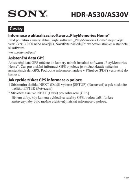 Sony HDR-AS30VR - HDR-AS30VR Consignes d&rsquo;utilisation Tch&egrave;que