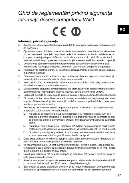 Sony VPCYB3Q1R - VPCYB3Q1R Documents de garantie Roumain