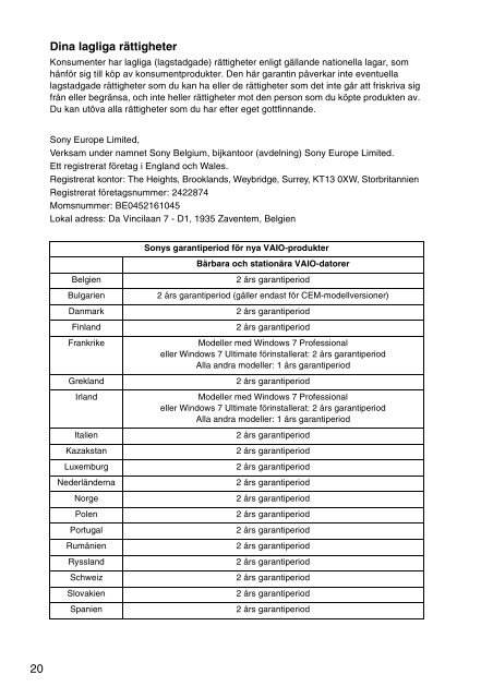 Sony VPCYB3Q1R - VPCYB3Q1R Documents de garantie Danois