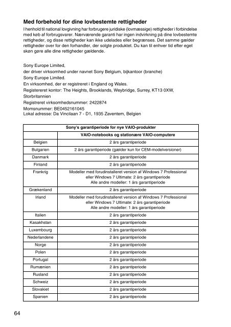 Sony VPCYB3Q1R - VPCYB3Q1R Documents de garantie Danois