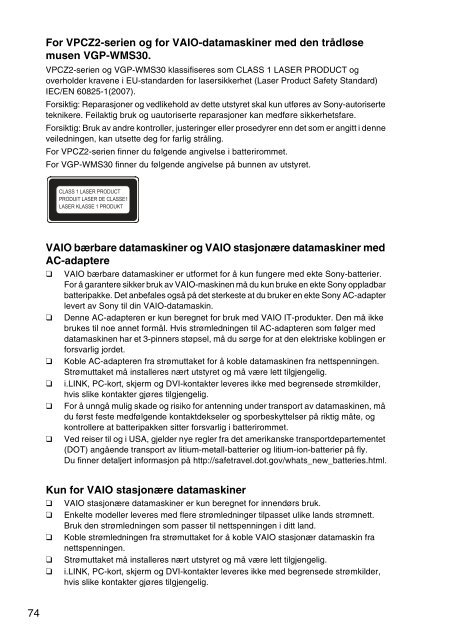 Sony VPCYB3Q1R - VPCYB3Q1R Documents de garantie Danois