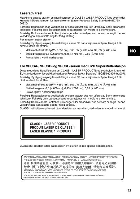 Sony VPCYB3Q1R - VPCYB3Q1R Documents de garantie Norv&eacute;gien