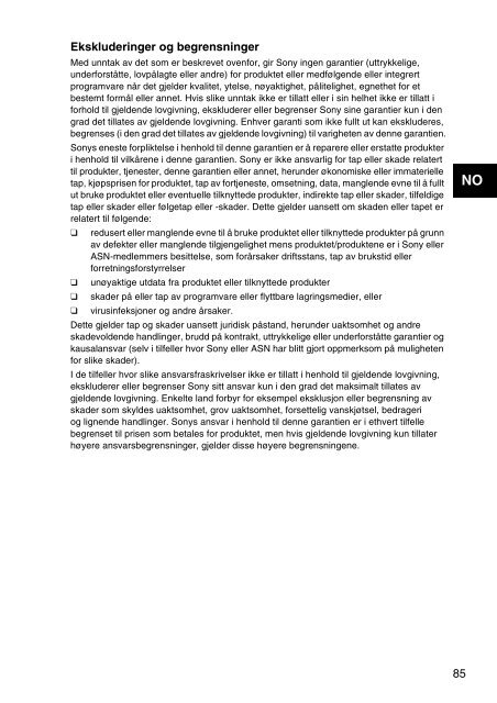 Sony VPCYB3Q1R - VPCYB3Q1R Documents de garantie Norv&eacute;gien