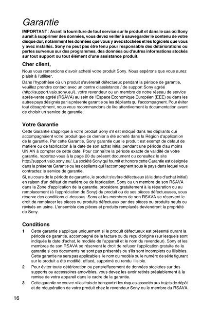 Sony VPCYB3Q1R - VPCYB3Q1R Documents de garantie Fran&ccedil;ais