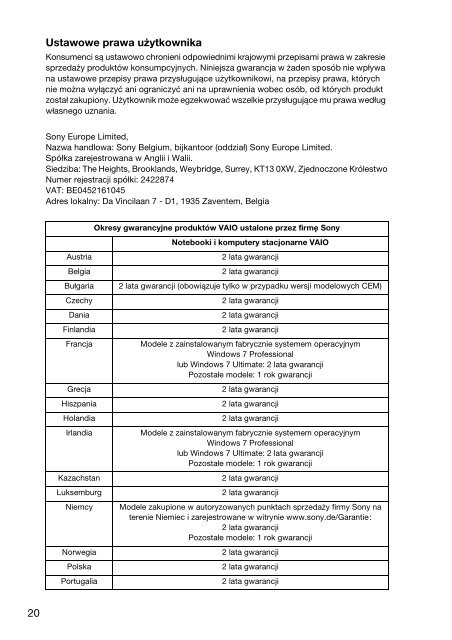 Sony VPCYB3Q1R - VPCYB3Q1R Documents de garantie Polonais