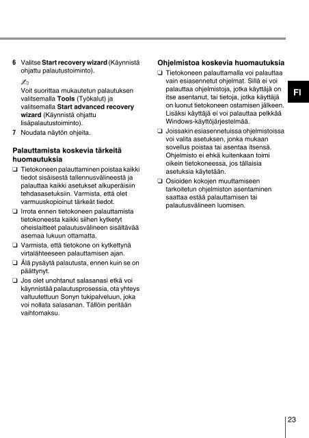 Sony VPCYB3Q1R - VPCYB3Q1R Guide de d&eacute;pannage Finlandais