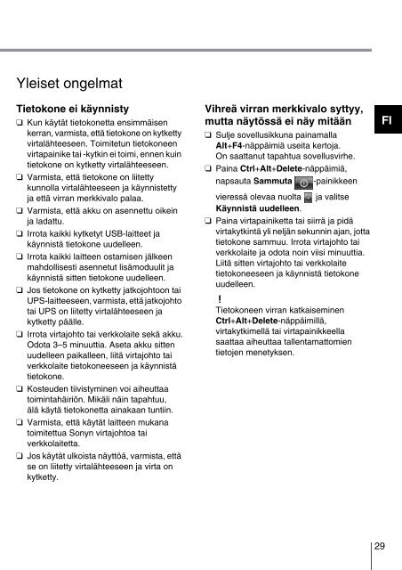 Sony VPCYB3Q1R - VPCYB3Q1R Guide de d&eacute;pannage Finlandais