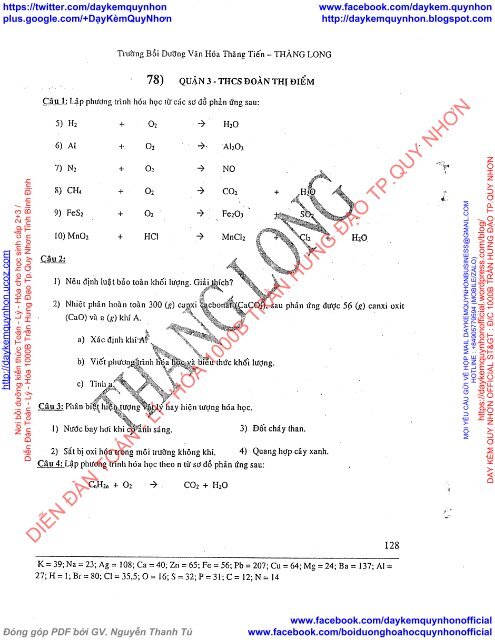 LÝ THUYẾT VÀ TUYỂN TẬP ĐỀ KIỂM TRA MÔN HÓA HỌC LỚP 8 TRƯỜNG BDVH THĂNG TIẾN - THĂNG LONG (2015-2016)