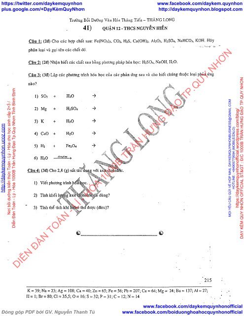 LÝ THUYẾT VÀ TUYỂN TẬP ĐỀ KIỂM TRA MÔN HÓA HỌC LỚP 8 TRƯỜNG BDVH THĂNG TIẾN - THĂNG LONG (2015-2016)