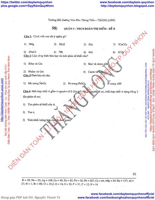 LÝ THUYẾT VÀ TUYỂN TẬP ĐỀ KIỂM TRA MÔN HÓA HỌC LỚP 8 TRƯỜNG BDVH THĂNG TIẾN - THĂNG LONG (2015-2016)