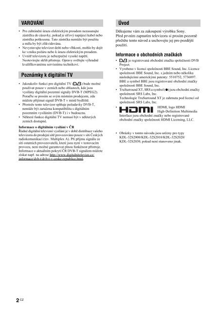 Sony KDL-32S2030 - KDL-32S2030 Istruzioni per l'uso Ceco