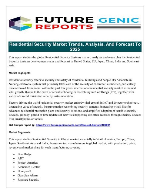 Global Residential Security Systems Market- Positive Long-Term Growth Outlook 2018-2025