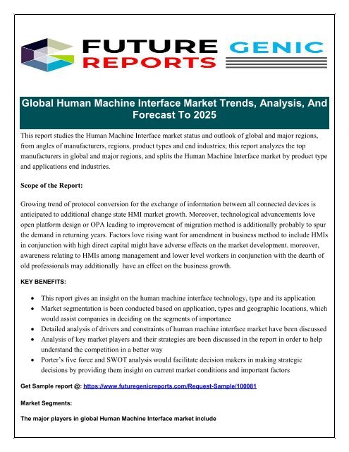 Global Human Machine Interface (HMI) Market: Players to Intensify Competition with Rising Technological Innovations Says Future Generic Reports