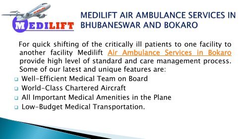 Medilift air ambulance services in Bhubaneswar and Bokaro